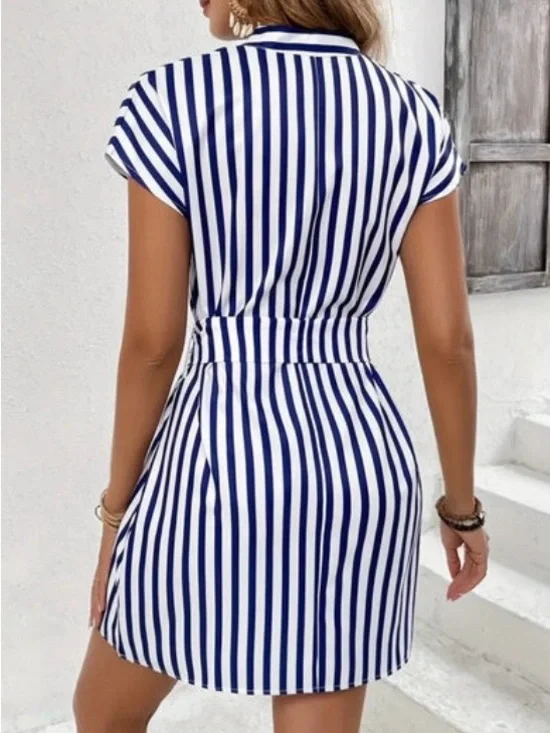 Striped Blue and White Tie-Waist Short Dress. Plus Size Available - Picture 6 of 9
